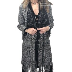 Anthro Much et Muchette Plaid Lace Fringe Jacket Trench Whimsigoth Wool Blend